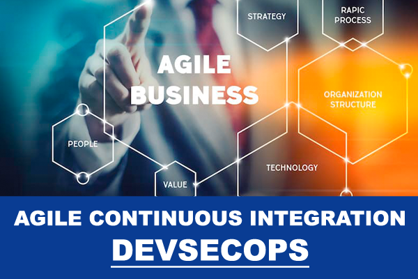A man pointing at a diagram with the words Agile Continuous Integration DEVSECOPS