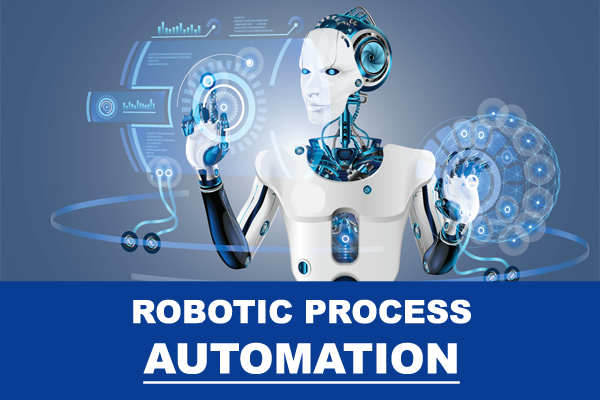A robot using a touch screen and the words robotic process automation
