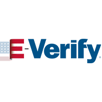 A red, white and blue banner with word E-Verify on it